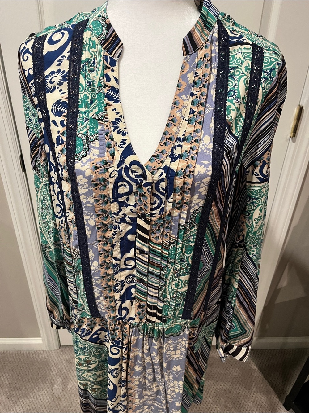 Mixed Print Long-Sleeve Dress in Green and Navy - Picture 7 of 7